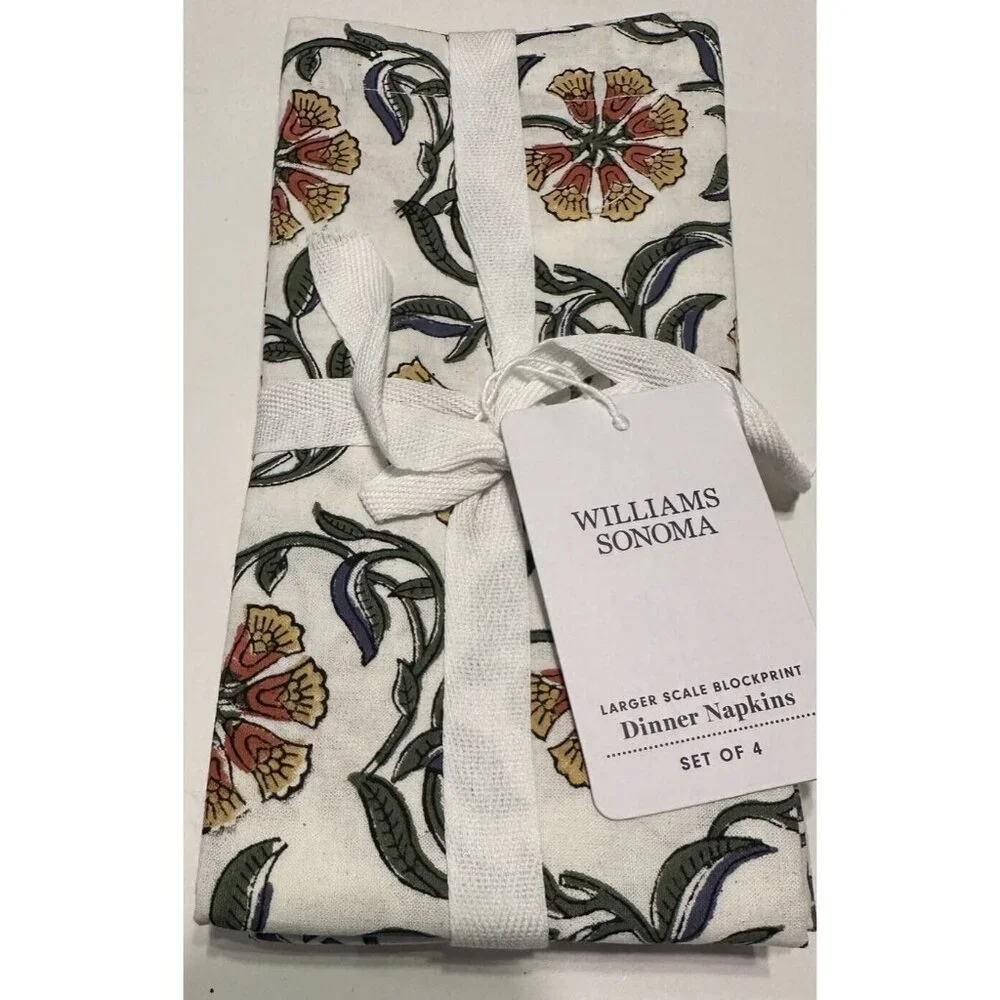 NWT WILLIAMS SONOMA Large Floral Flower DINNER NAPKINS SET OF FOUR 100% Cotton